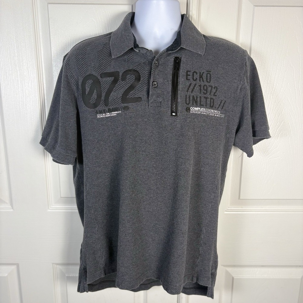 Ecko Unltd Polo Shirt Mens Large Gray Graphic 72 Complex Collared Casual